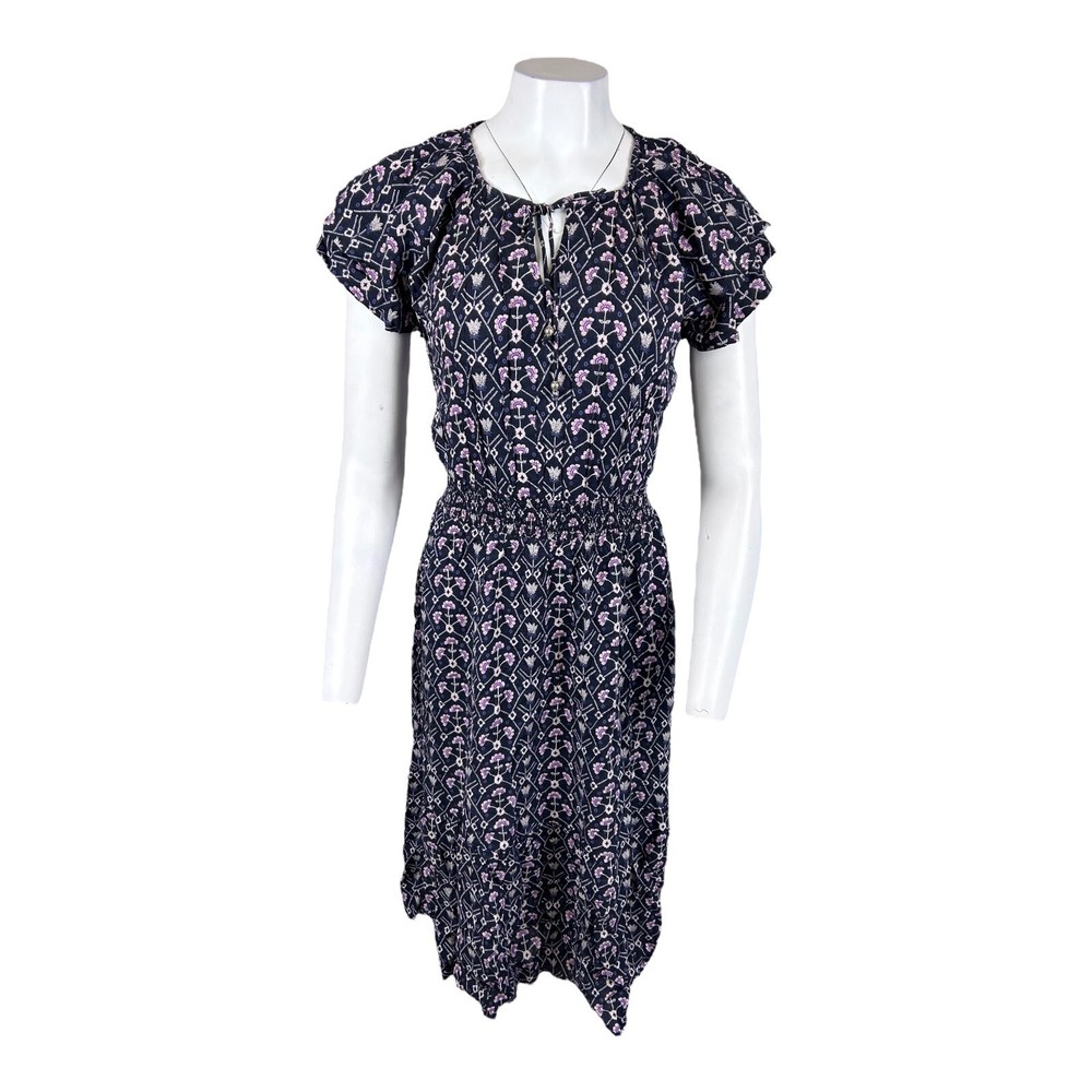 Destination 365 Reg. Print Short-Sleeve Midi Dress w/ Smocking Black Large Size